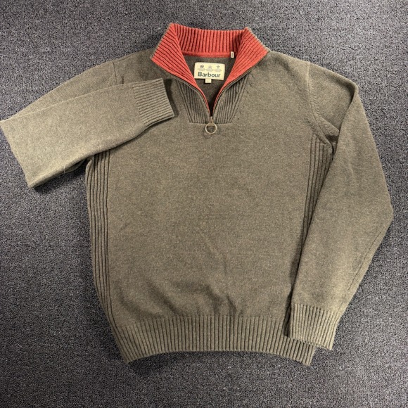 Barbour Jumper Sweater Men's Large 1/4 Zip Olive Green Red Contrast 100% Wool - Picture 2 of 11